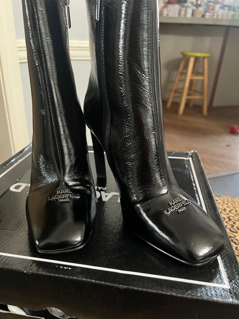 Karl Lagerfeld Black Glossy Patent Square-Toe Boots
